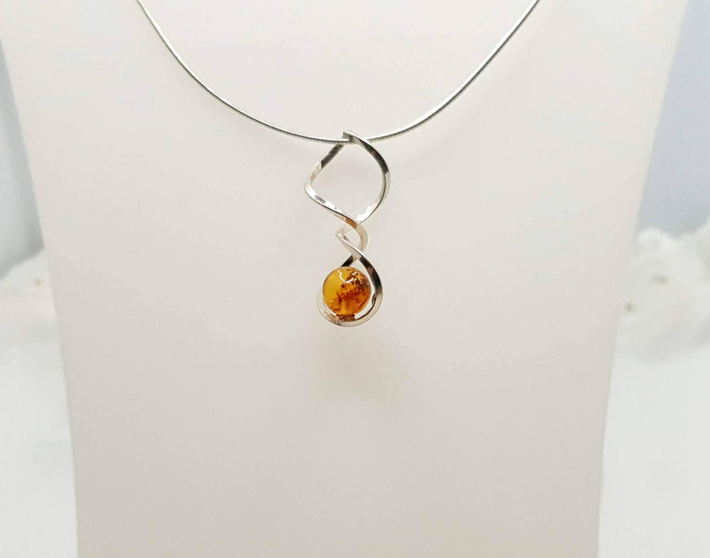 Baltic Amber Necklace - Honey Amber Pendant with Sterling Silver Spiral Chain