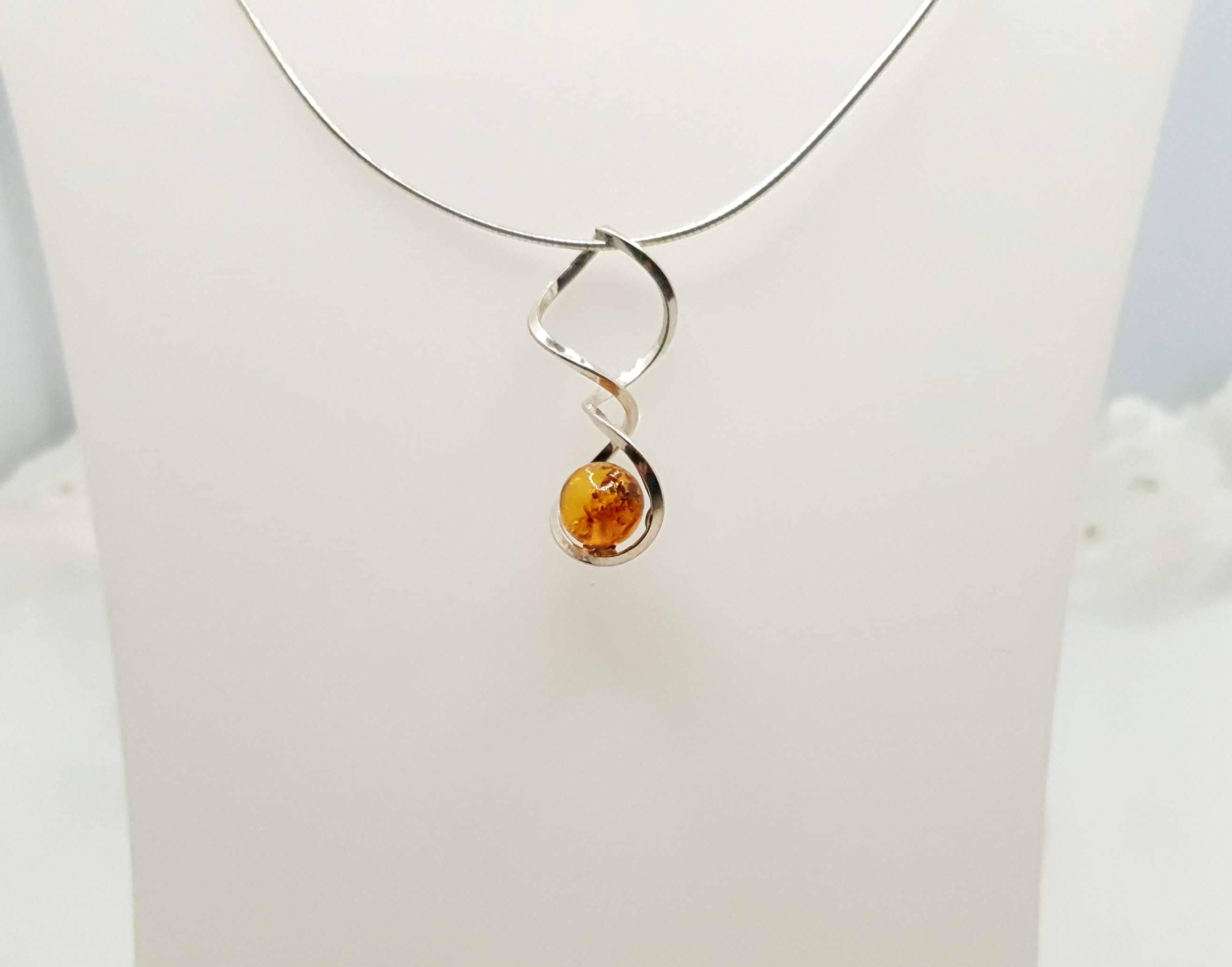 Baltic Amber Necklace - Honey Amber Pendant with Sterling Silver Spiral Chain
