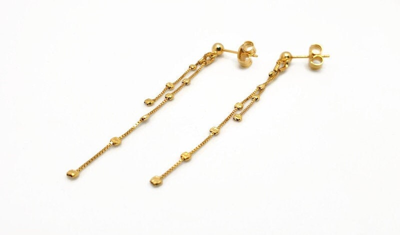 Gold Plated Silver Dangle Chain Earrings: Elegant Long Chain Ball Studs