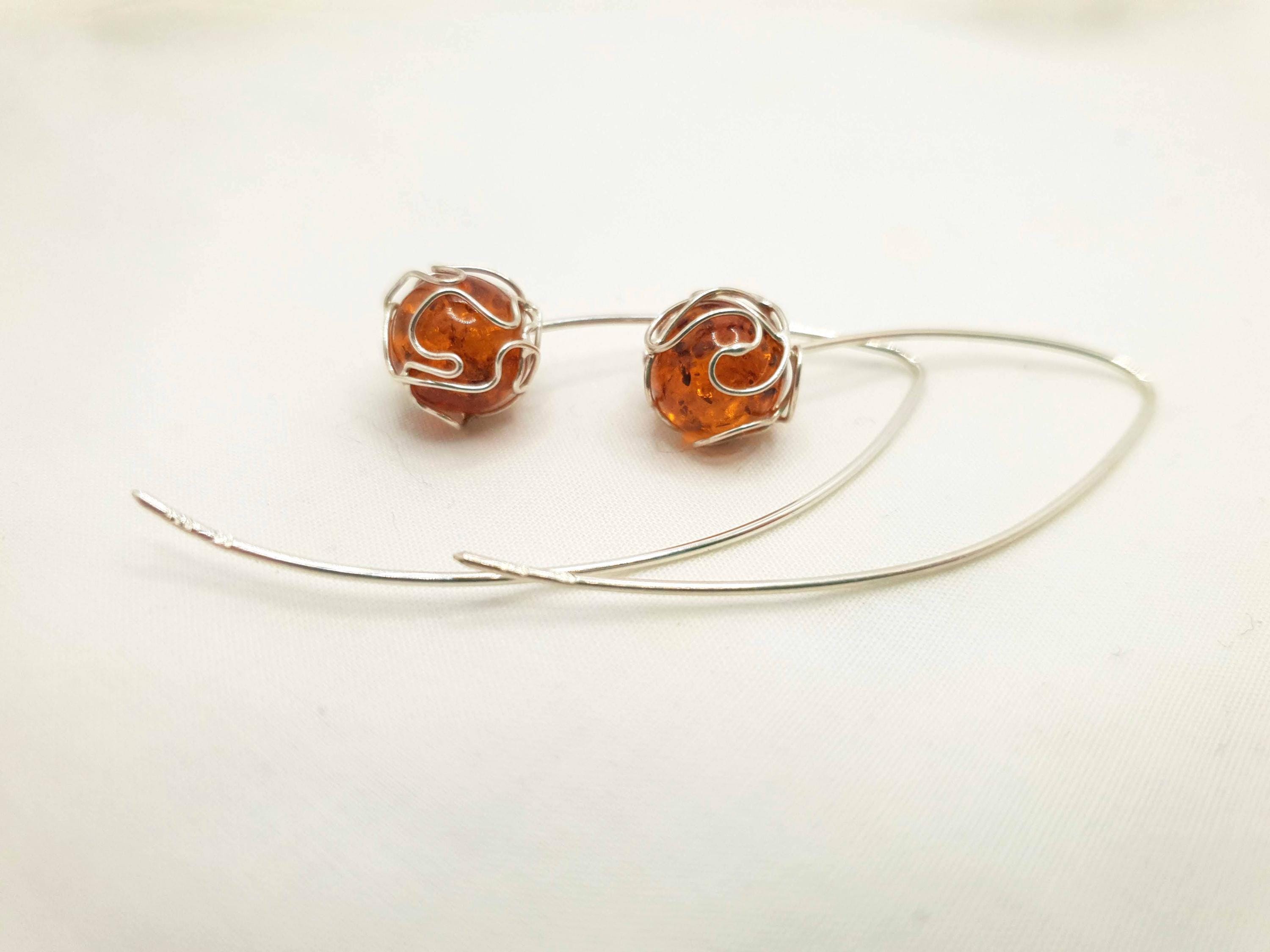 Amber Hoop Earrings – Sterling Silver 925 Long Hook With Cognac Honey Amber Beads