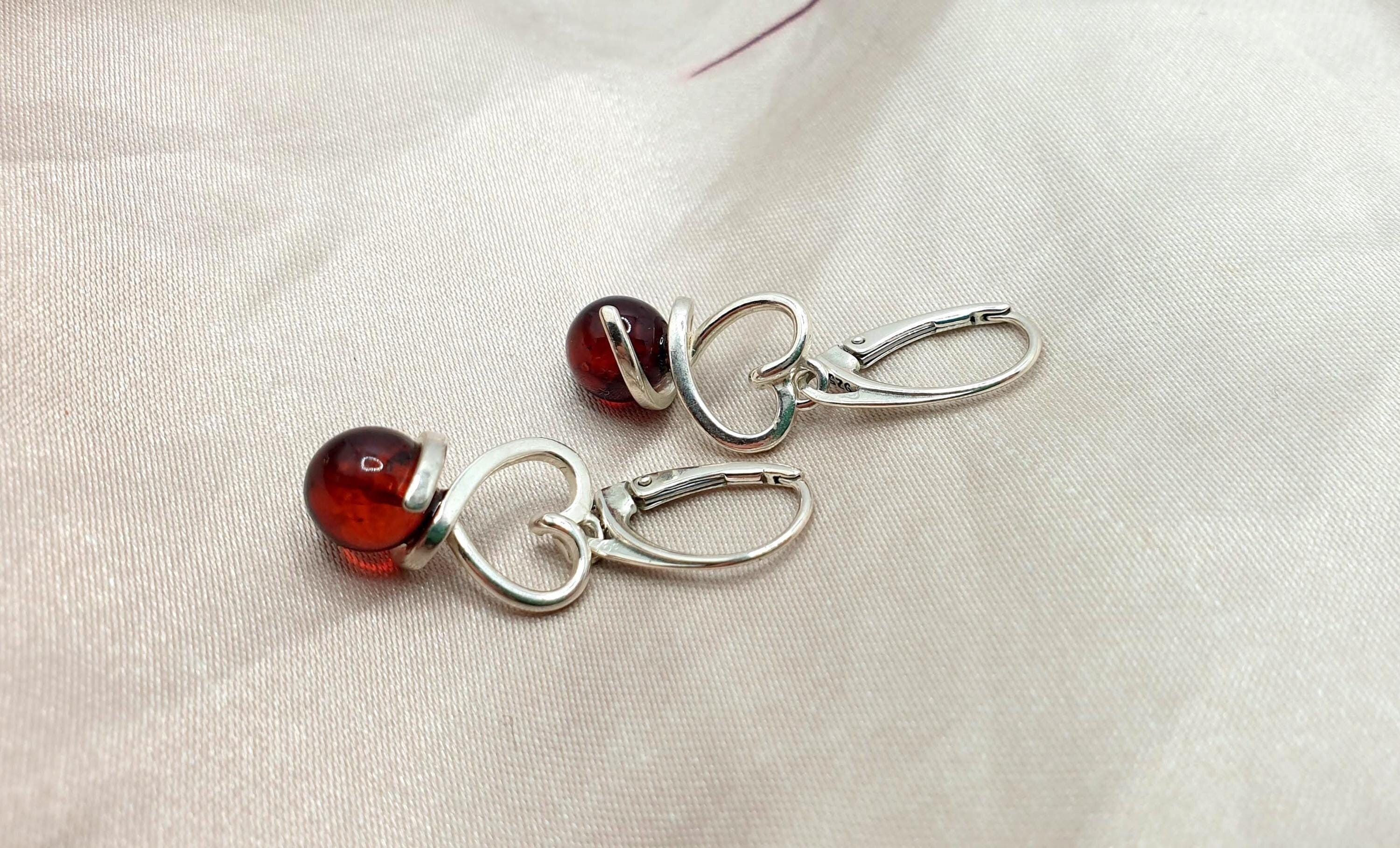 Baltic Amber Earrings – Sterling Silver Amber Heart Dangle with Cognac Drops