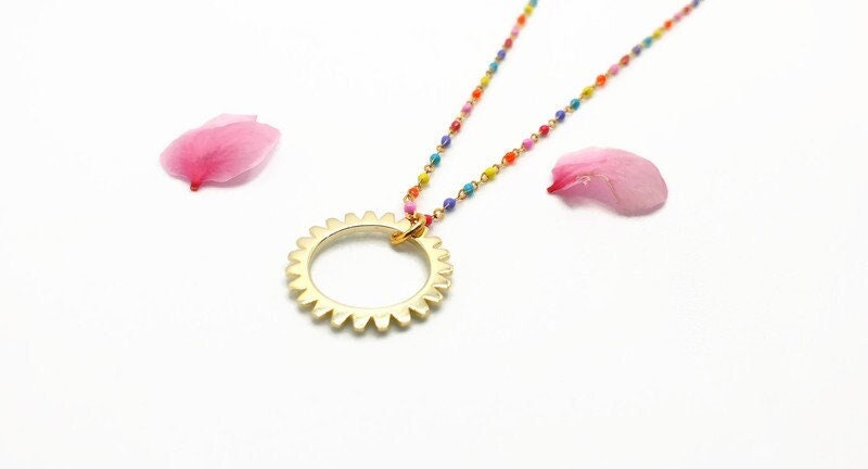 Gold Plated Silver Sun Necklace: Boho Enamel Pendant