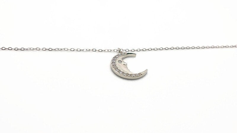 Sterling Silver Crescent Moon Necklace: Zircon Celestial Pendant