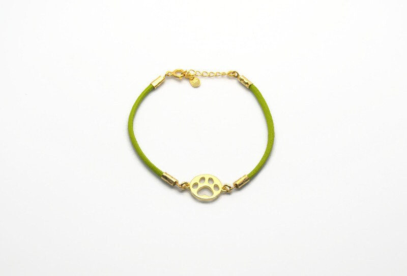 Gold Plated Dog Bracelet – 18K Silver Paw Print Charm With Green Leather Wrap