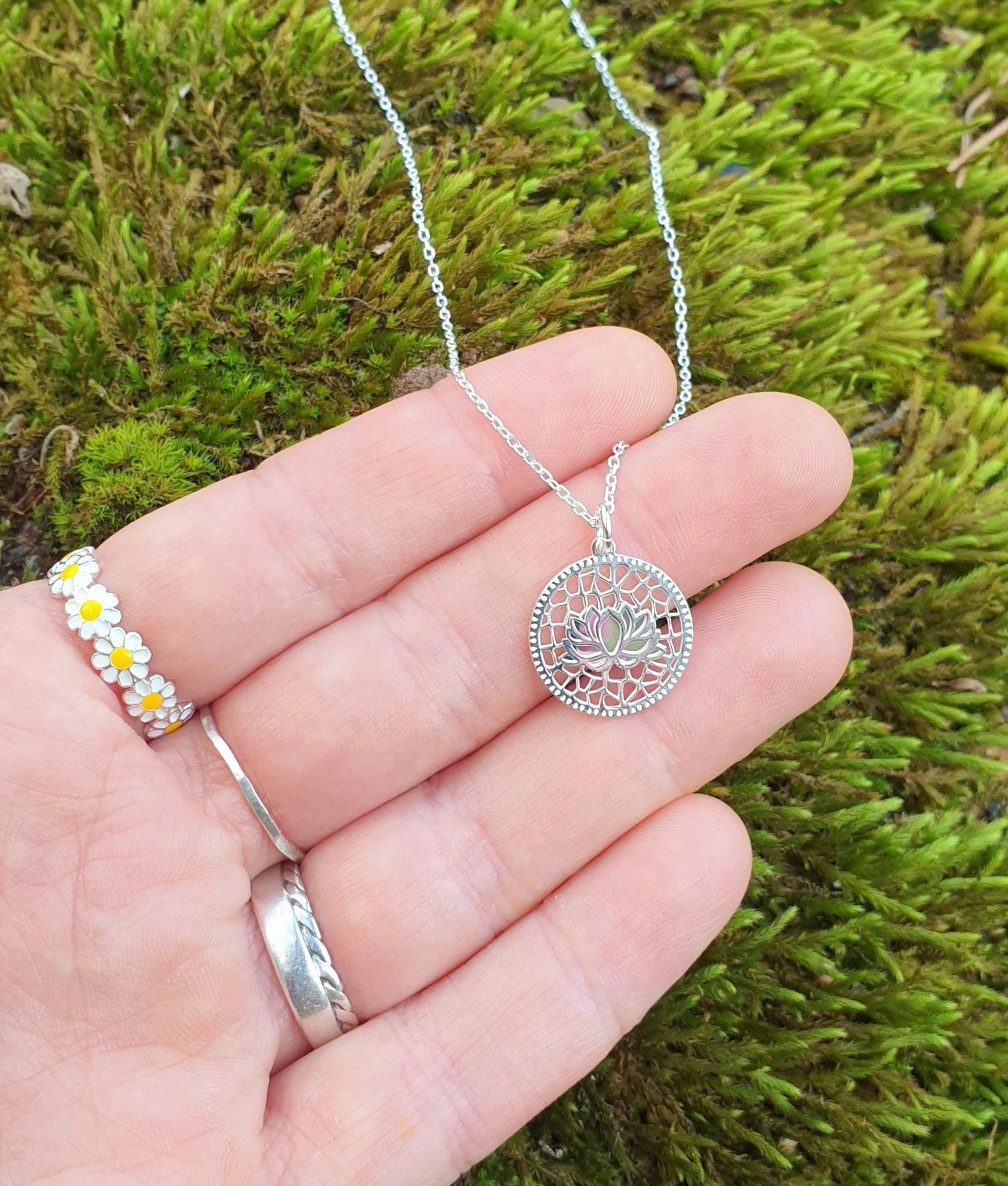 Lotus Flower Sterling Silver 925 Pendant Chain Necklace, Circle Mandala Floral Yoga Necklace