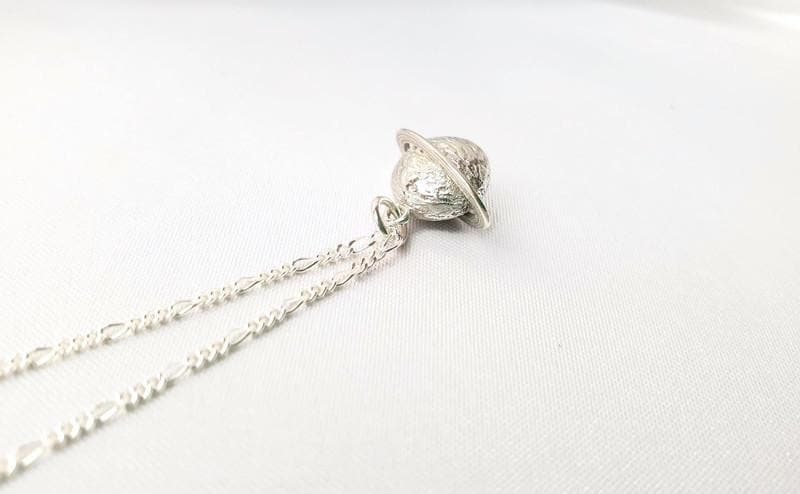 Sterling Silver Saturn Planet Pendant Necklace with long Chain,Celestial Jewelry