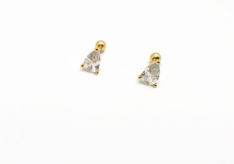 Gold Teardrop Earrings – Cubic Zirconia Screw Back Studs | Sterling Silver