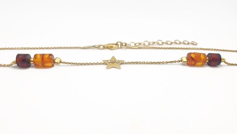 Baltic Amber Necklace Gold Plated - Adjustable Barrel Cut Amber Chain & Cherry Star Charm