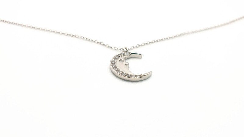 Sterling Silver Crescent Moon Necklace: Zircon Celestial Pendant
