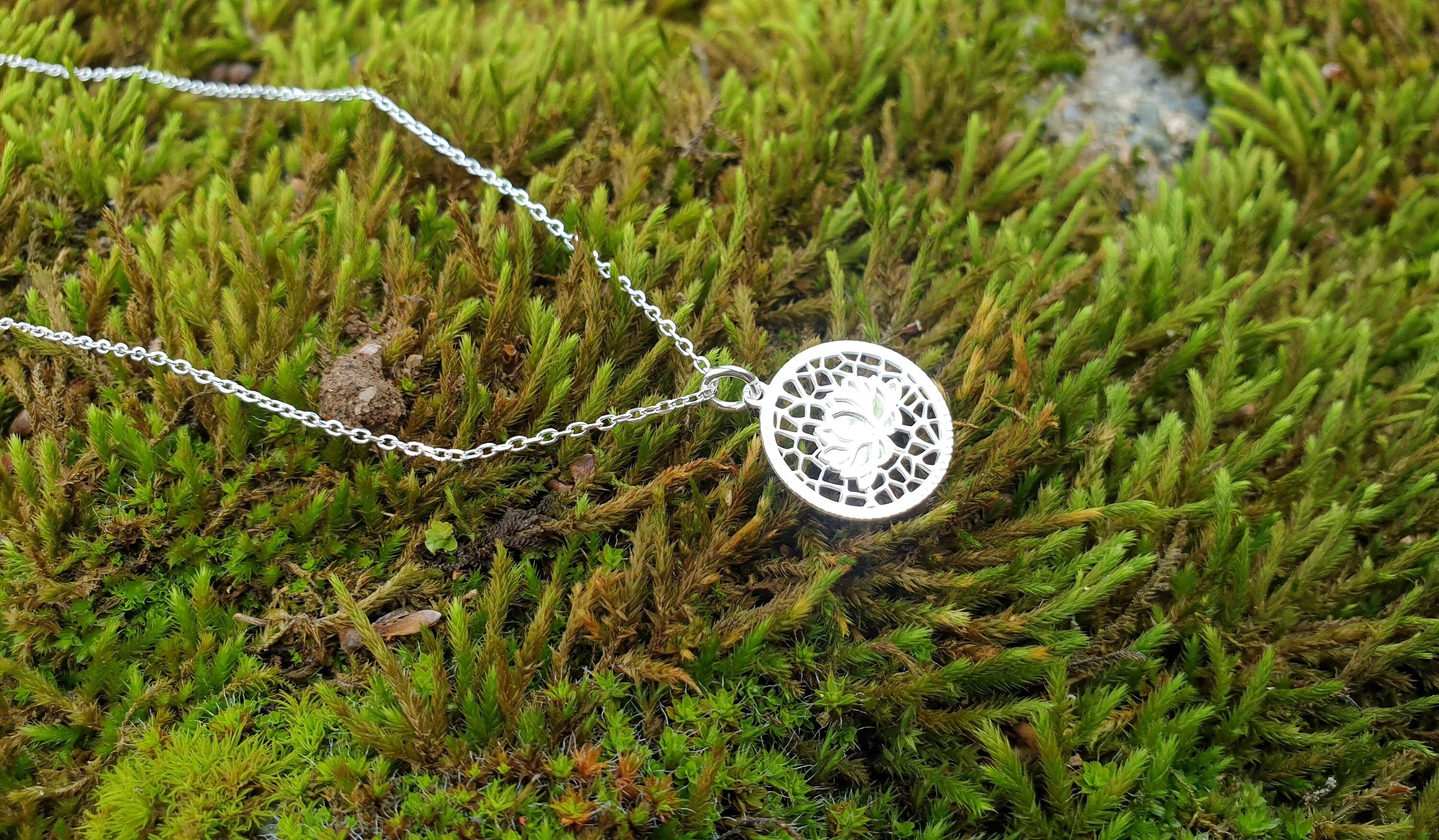 Lotus Flower Sterling Silver 925 Pendant Chain Necklace, Circle Mandala Floral Yoga Necklace