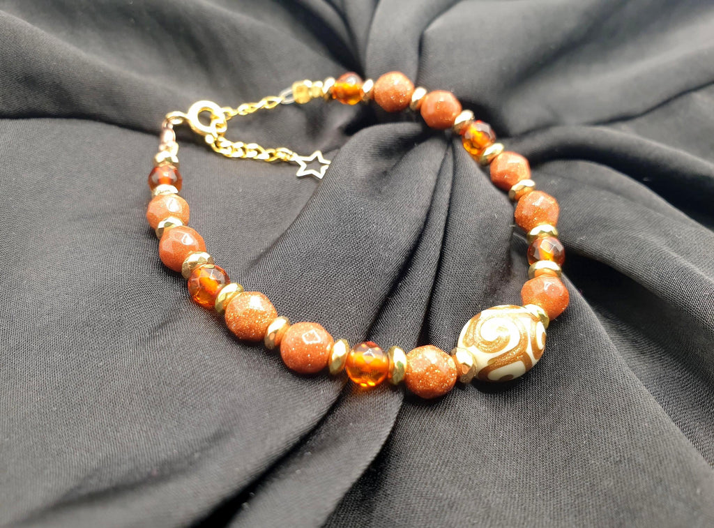 Goldstone Bracelet - Adjustable Wrist Gemstone Jewelry With Amber & Hematite