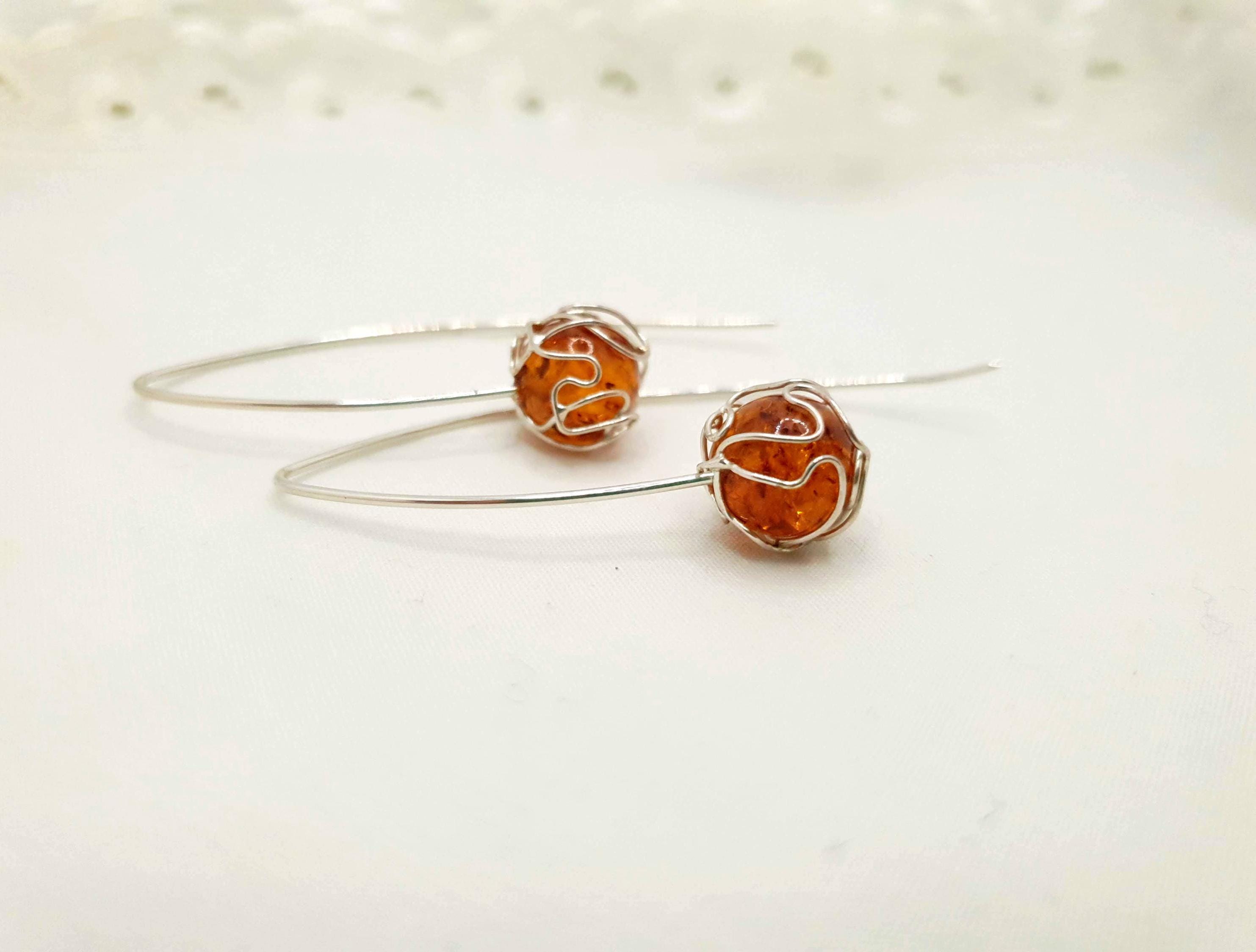 Amber Hoop Earrings – Sterling Silver 925 Long Hook With Cognac Honey Amber Beads
