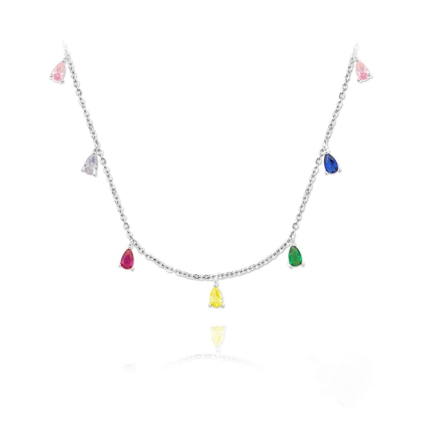 Sterling Silver Necklace | Multicolor Cubic Zirconia Teardrop Pendant - Adjustable Length