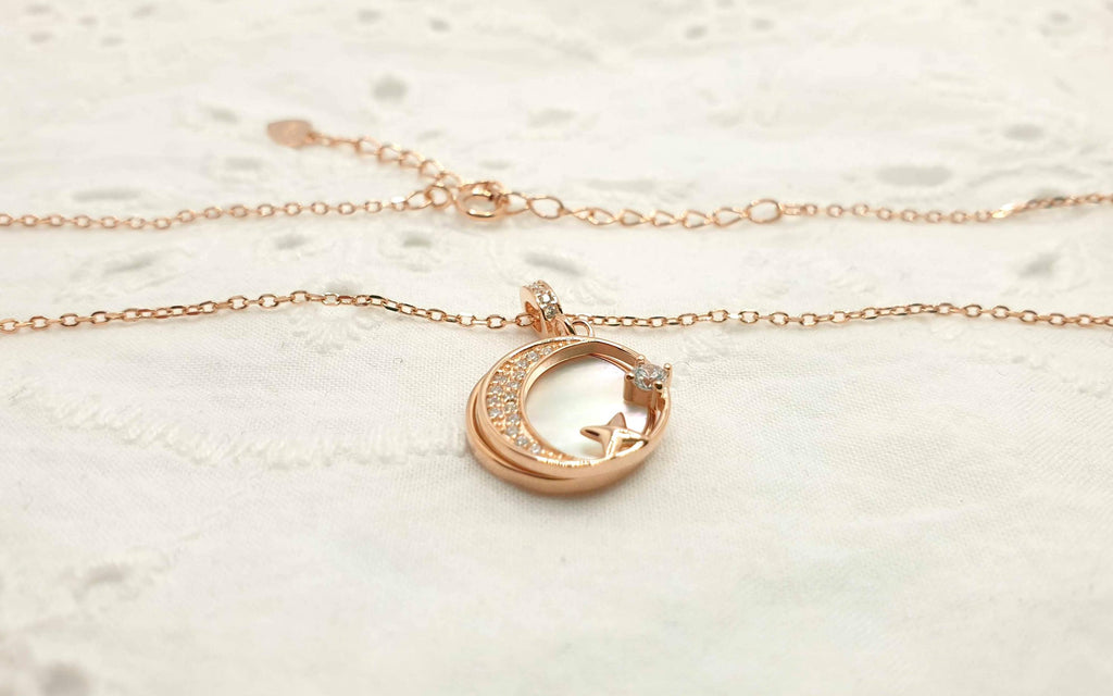 Rose Gold Crescent Moon Necklace: Mother of Pearl Star Pendant