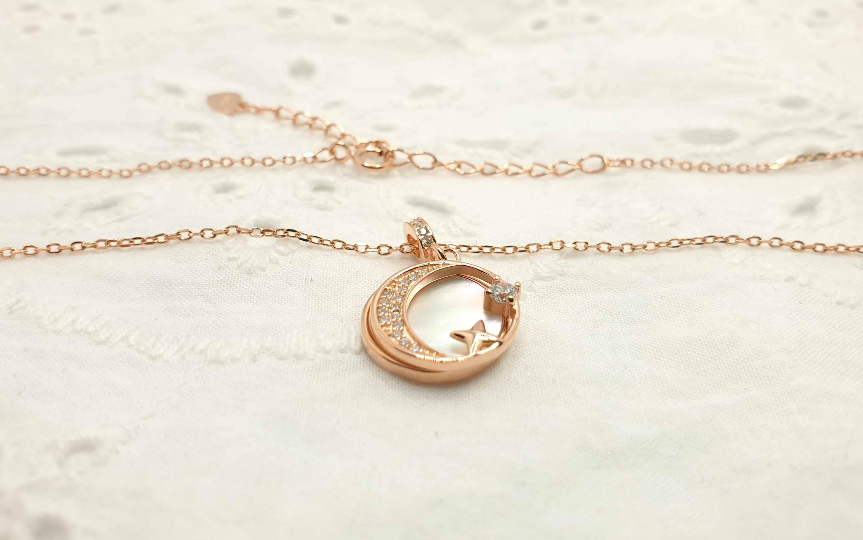 Rose Gold Crescent Moon Necklace: Mother of Pearl Star Pendant