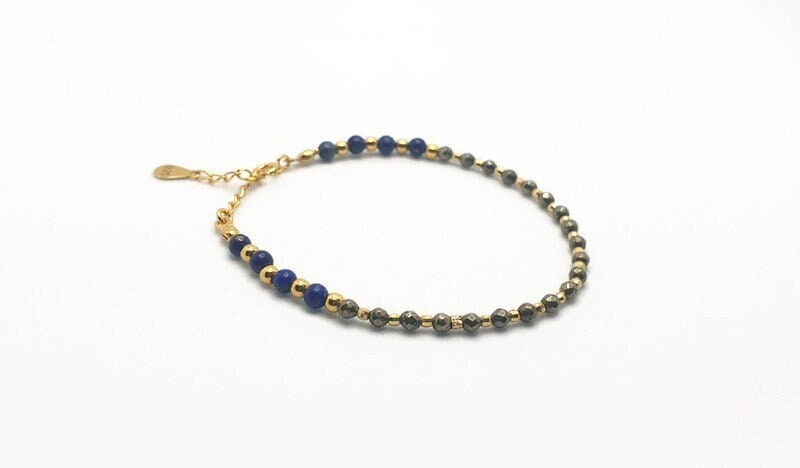 Lapis Lazuli & Faceted Hematite Bracelet: Gold Plated Silver Beaded Gemstone