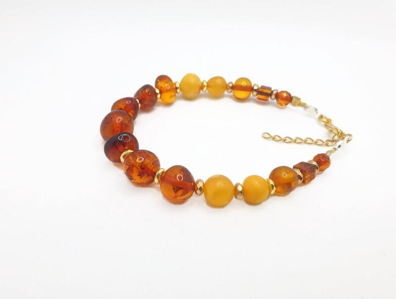 Baltic Amber Bracelet – Cognac Amber Beads, Gold Hematite Spacer & Sterling Silver Jewelry