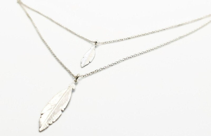 Boho Feather Necklace – Two Strand Double Chain Silver Pendant | Tribal Style Jewelry