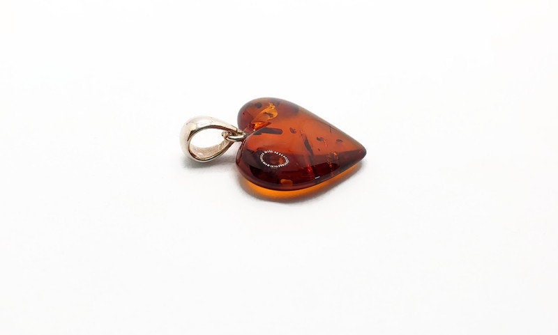Baltic Amber Pendant - Handmade Cognac Amber Heart Shaped Jewelry with Sterling Silver
