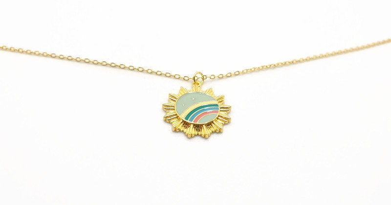 Gold Plated Sunburst Necklace: Rainbow Enamel Pendant