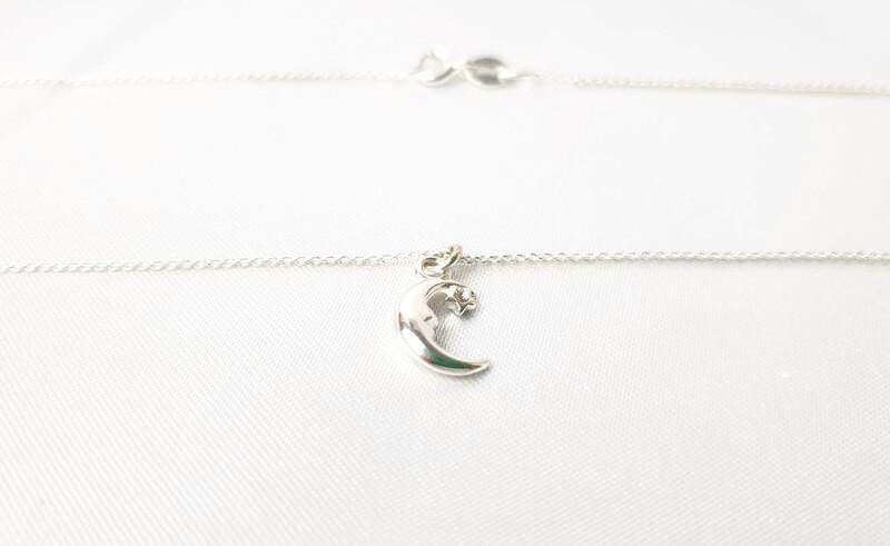 Half Moon and Star Pendant Necklace in Sterling Silver with the Chain, celestial moon stars jewelry