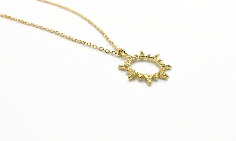Gold Plated Silver Sunburst Necklace: Boho Cubic Zirconia Sun Pendant