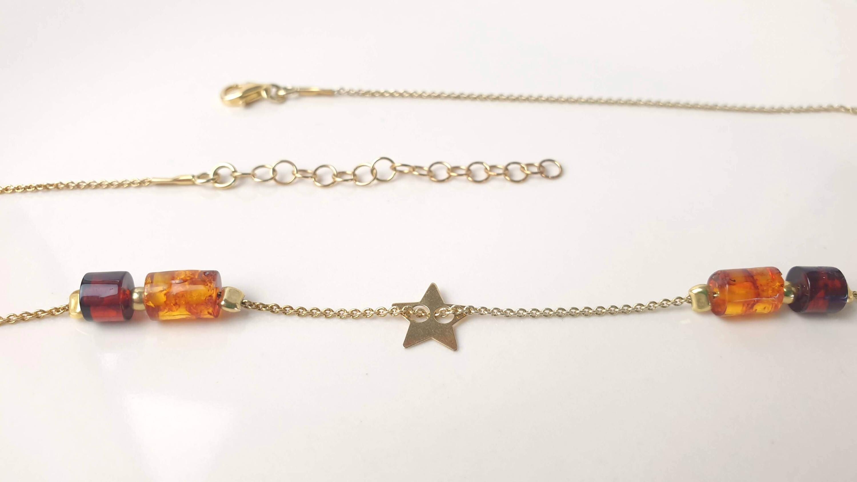 Baltic Amber Necklace Gold Plated - Adjustable Barrel Cut Amber Chain & Cherry Star Charm