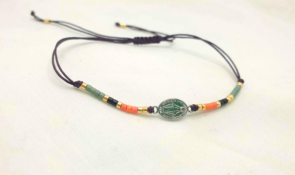 Silver and Japanese Miyuki Seed Beads, Miraculous Mary Medal Bracelet, Adjustable String Threat Silde Bracelet