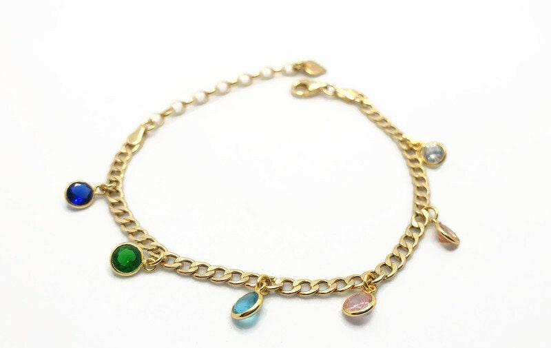 Gold Plated Silver Bracelet – Multicolor Cubic Zirconia Charm – Adjustable Chain
