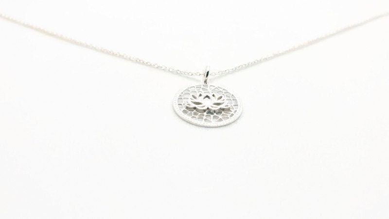Lotus Flower Sterling Silver 925 Pendant Chain Necklace, Circle Mandala Floral Yoga Necklace