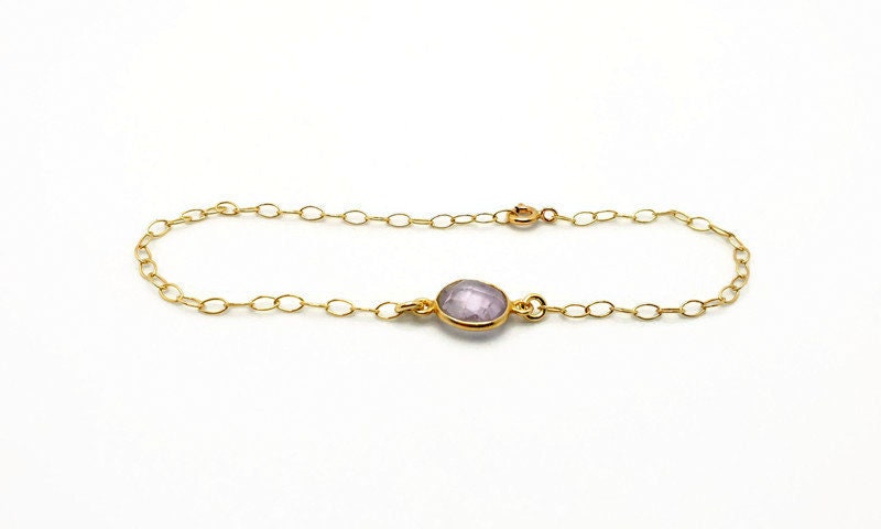 Amethyst Link Bracelet – Gold Plated Adjustable Gemstone Jewelry with Faceted Lavender Stone