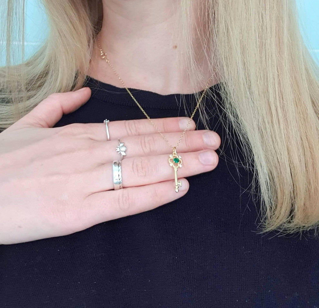 Gold Plated Silver Key Necklace: Green Cubic Zirconia Pendant