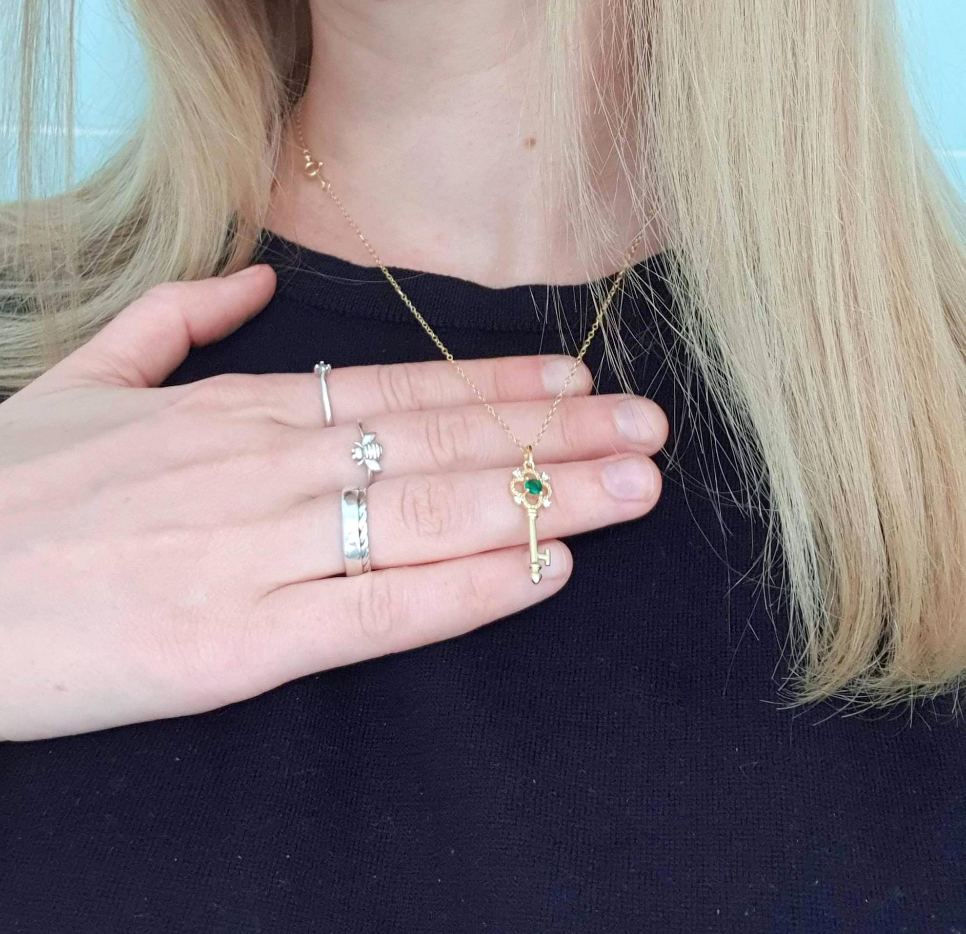 Gold Plated Silver Key Necklace: Green Cubic Zirconia Pendant