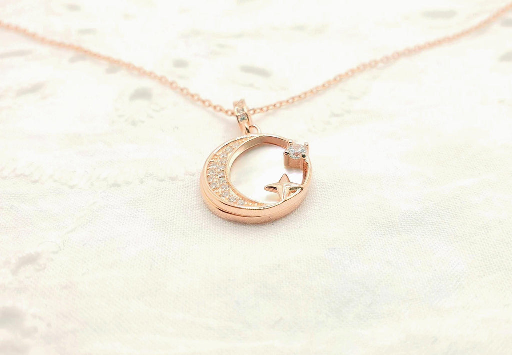 Rose Gold Crescent Moon Necklace: Mother of Pearl Star Pendant