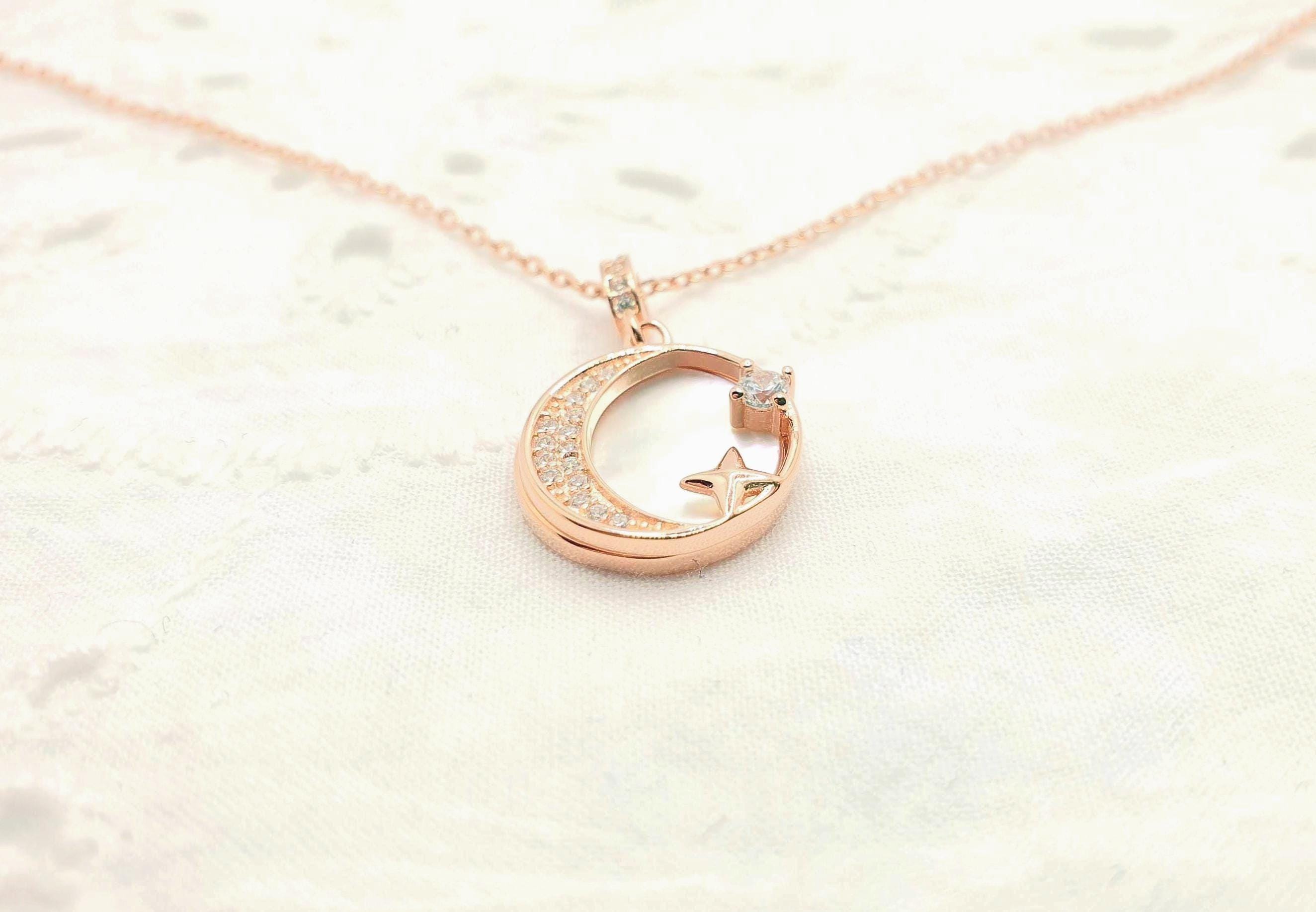 Rose Gold Crescent Moon Necklace: Mother of Pearl Star Pendant