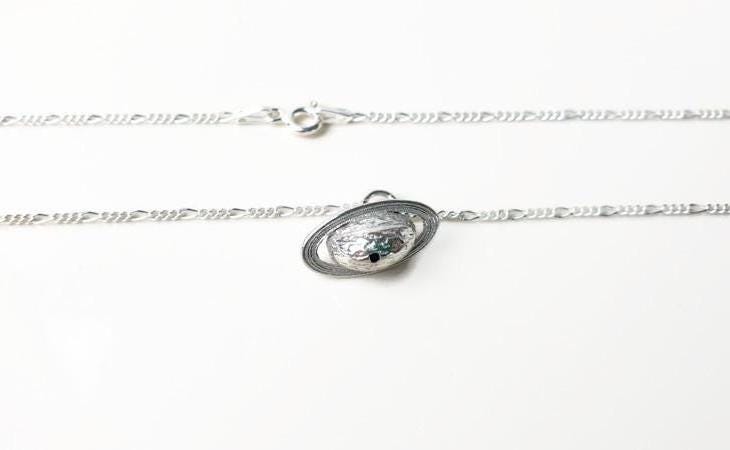 Sterling Silver Saturn Planet Pendant Necklace with long Chain,Celestial Jewelry