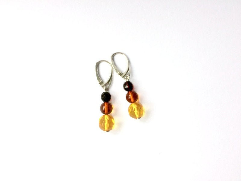 Faceted Amber Earrings – Multicolor Dangle Design with Baltic Amber Beads & 925 Silver Jewelry
