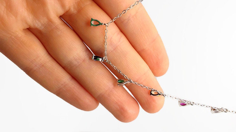 Sterling Silver Necklace | Multicolor Cubic Zirconia Teardrop Pendant - Adjustable Length