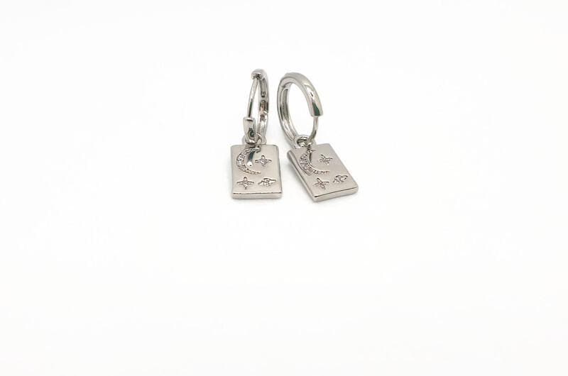 Hoop Earrings with dangle rectangle Moon and Stars in Sterling Silver, Crescent Moon Earrings, Lunar Celestial Jewelry