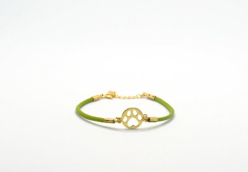 Gold Plated Dog Bracelet – 18K Silver Paw Print Charm With Green Leather Wrap