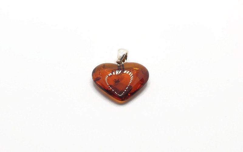 Baltic Amber Pendant - Handmade Cognac Amber Heart Shaped Jewelry with Sterling Silver