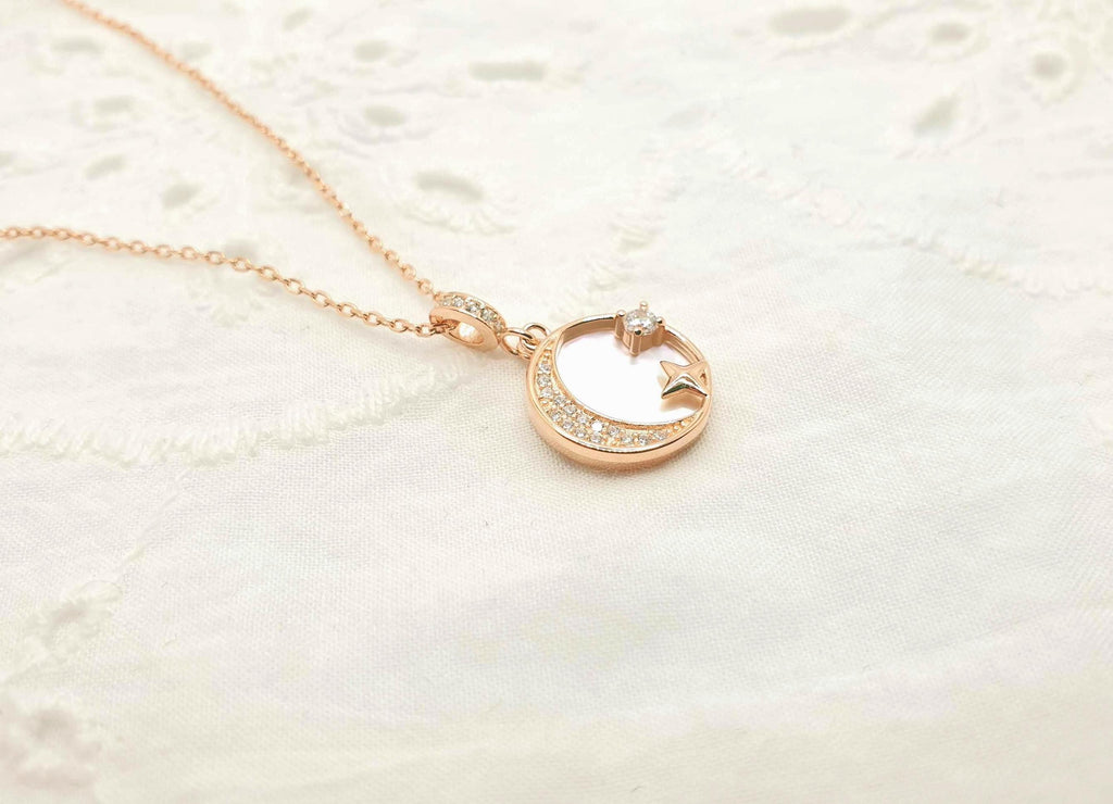 Rose Gold Crescent Moon Necklace: Mother of Pearl Star Pendant