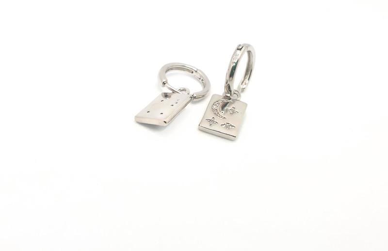 Hoop Earrings with dangle rectangle Moon and Stars in Sterling Silver, Crescent Moon Earrings, Lunar Celestial Jewelry