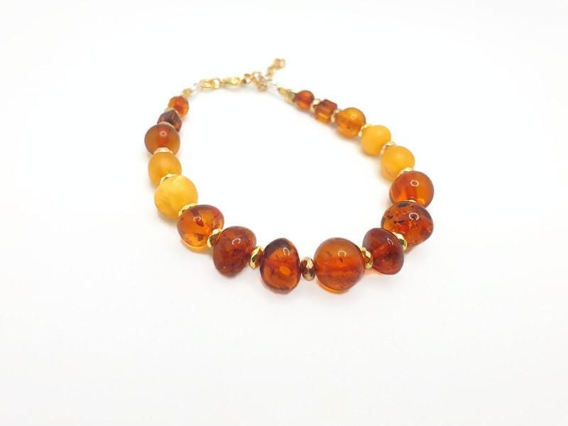 Baltic Amber Bracelet – Cognac Amber Beads, Gold Hematite Spacer & Sterling Silver Jewelry