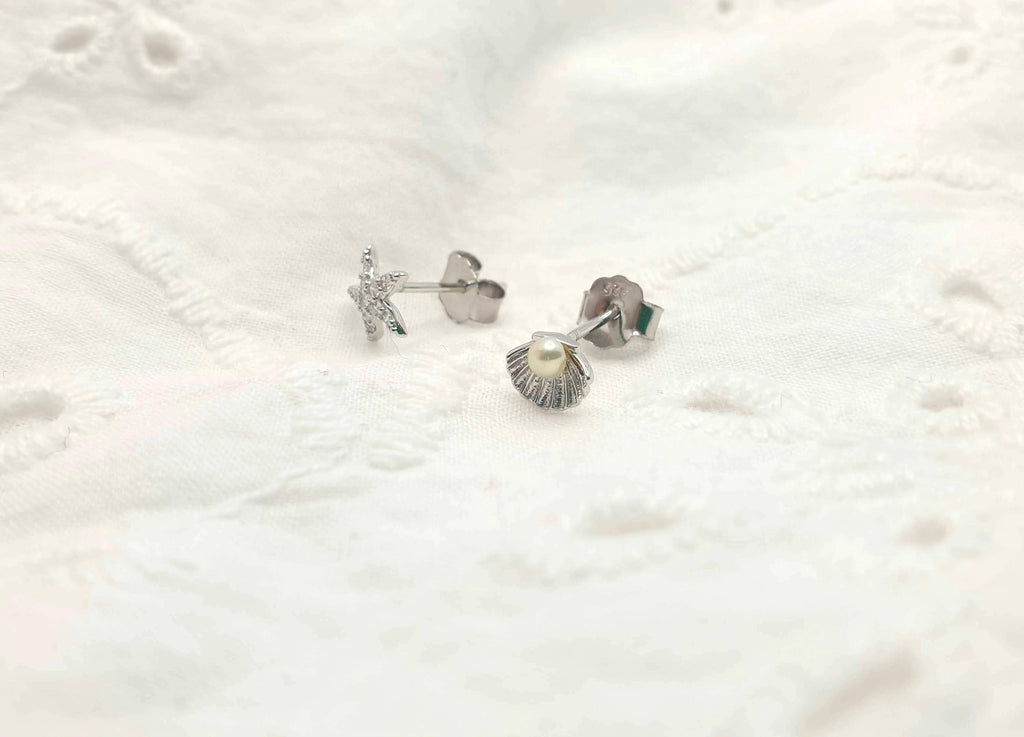Sterling Silver Stud Earrings | Starfish Seashell Pearl & Cubic Zirconia Studs
