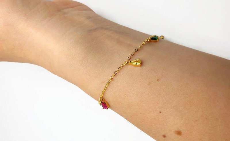 Gold Plated Bracelet – 18K Silver Chain With Multicolor Cubic Zirconia Charms