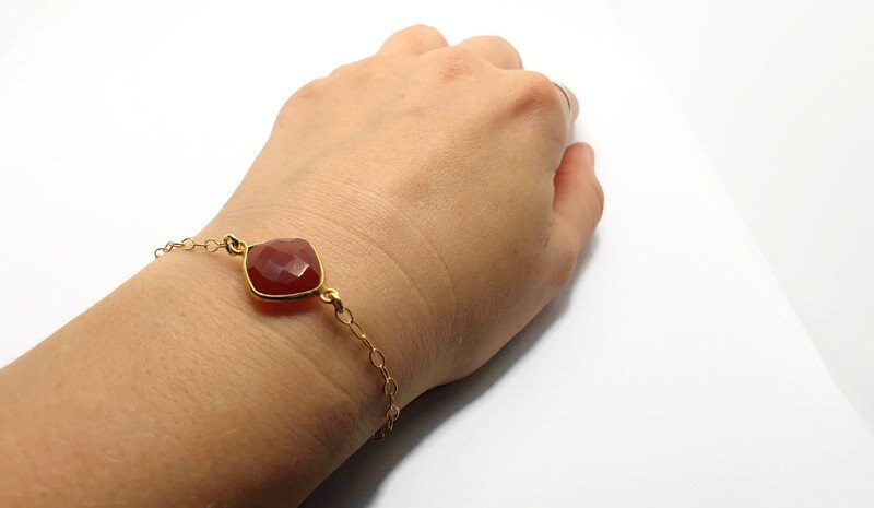 Red Carnelian Bracelet – Gold Plated Adjustable Link, Faceted Gemstone Jewelry