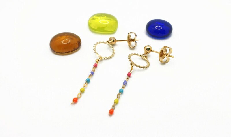 Boho Sun Dangle Earrings: Gold Plated Silver with Colorful Enamel