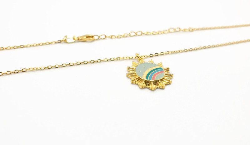 Gold Plated Sunburst Necklace: Rainbow Enamel Pendant
