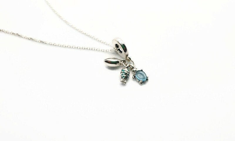 Sterling Silver Turtle Necklace – Crystal Enamel Pendant, Shell & Fish Charms